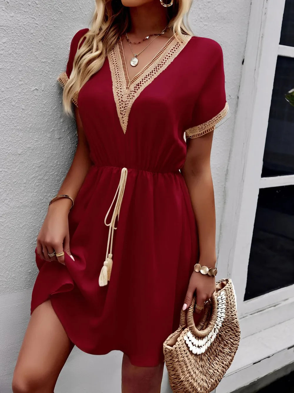 Contrast Trim V-neck Short Sleeve Mini Dress (17)