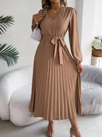 Pleated Tied V-neck Long Sleeve Dress (5)