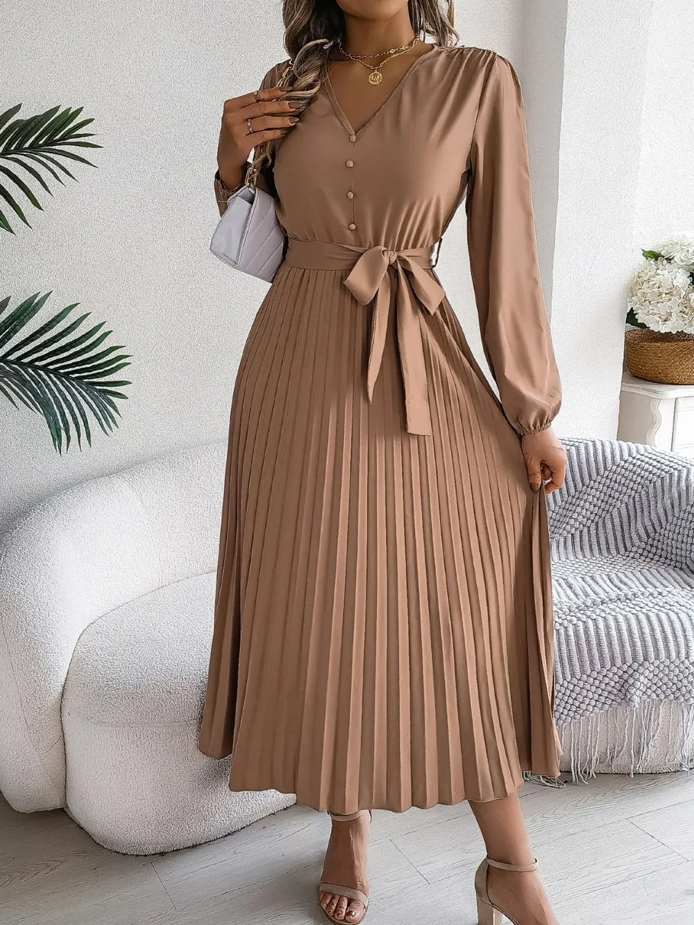 Pleated Tied V-neck Long Sleeve Dress (5)