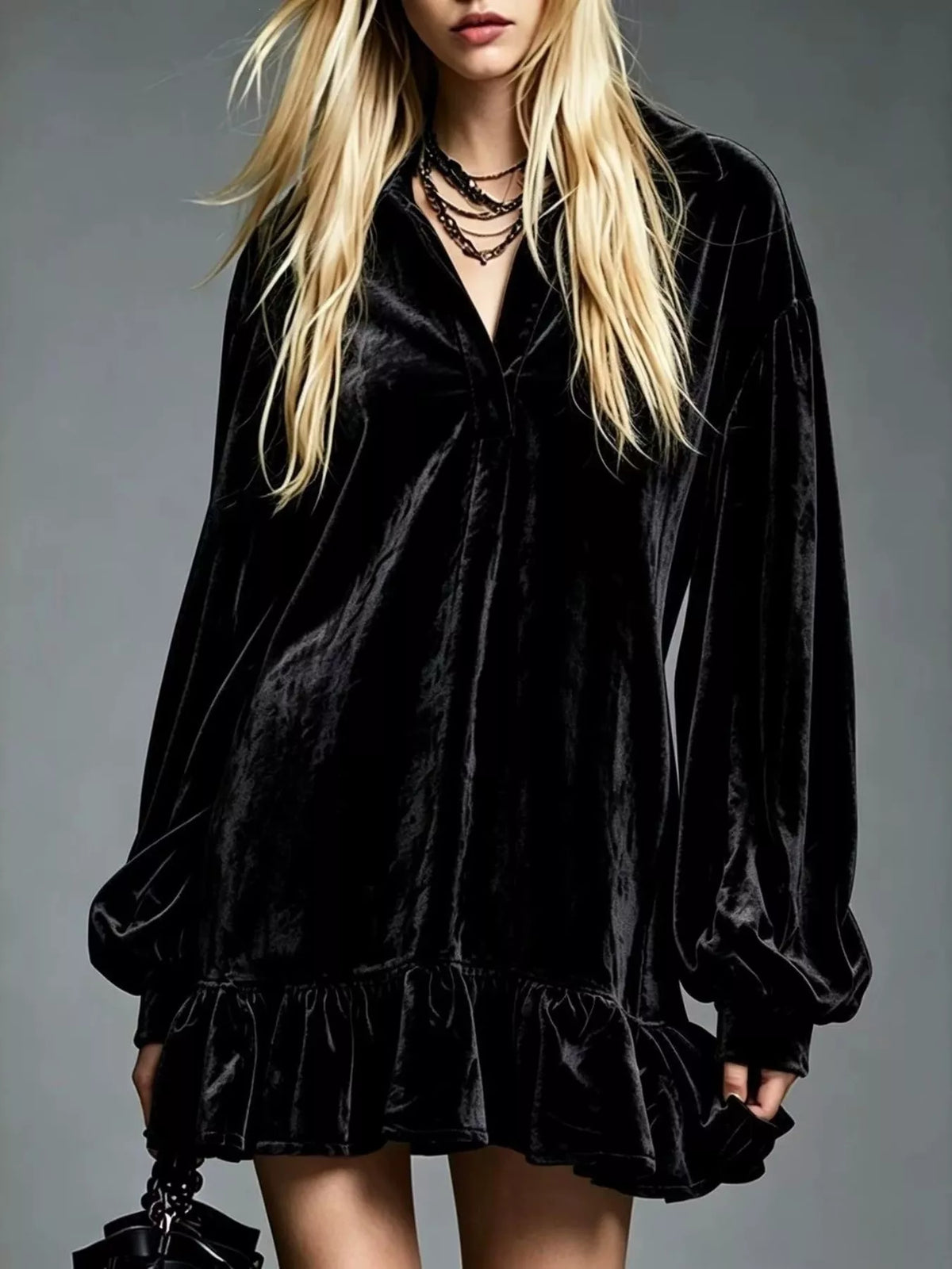 Full Size Velvet Ruffled Hem Long Sleeve Dress Plus (10)