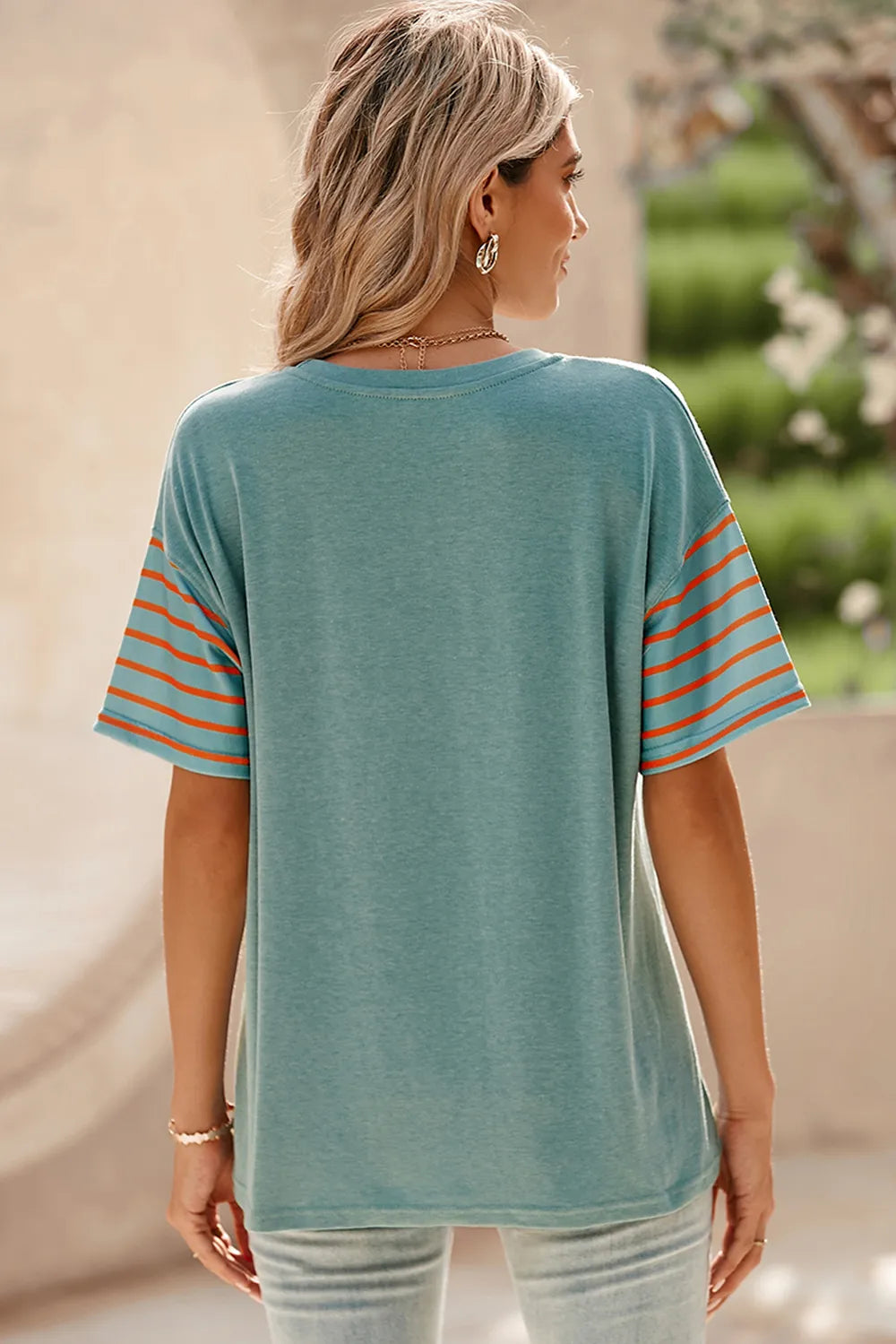 Striped Round Neck Short Sleeve T-shirt (4)