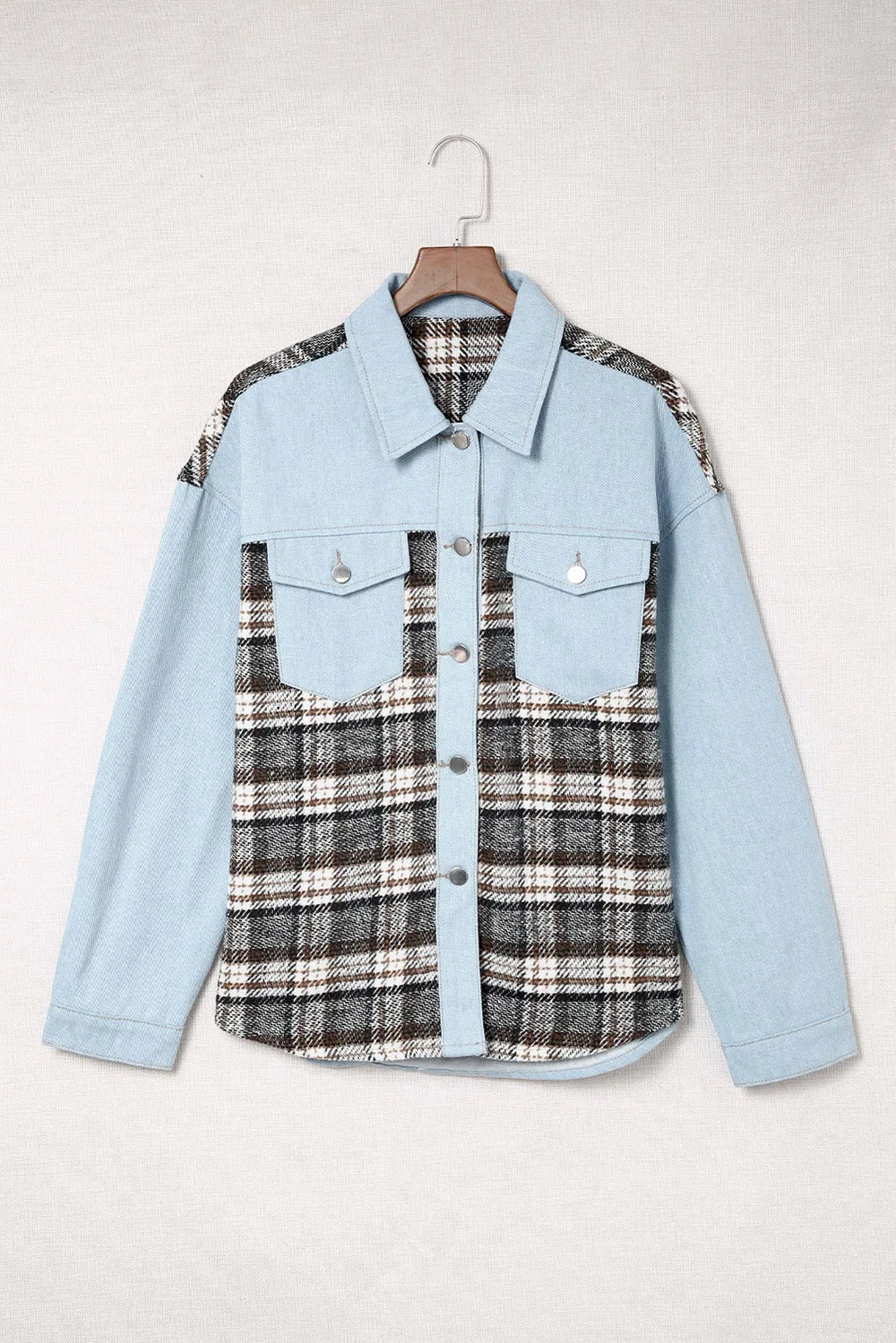 Plaid Pocketed Button Up Denim Jacket (9)