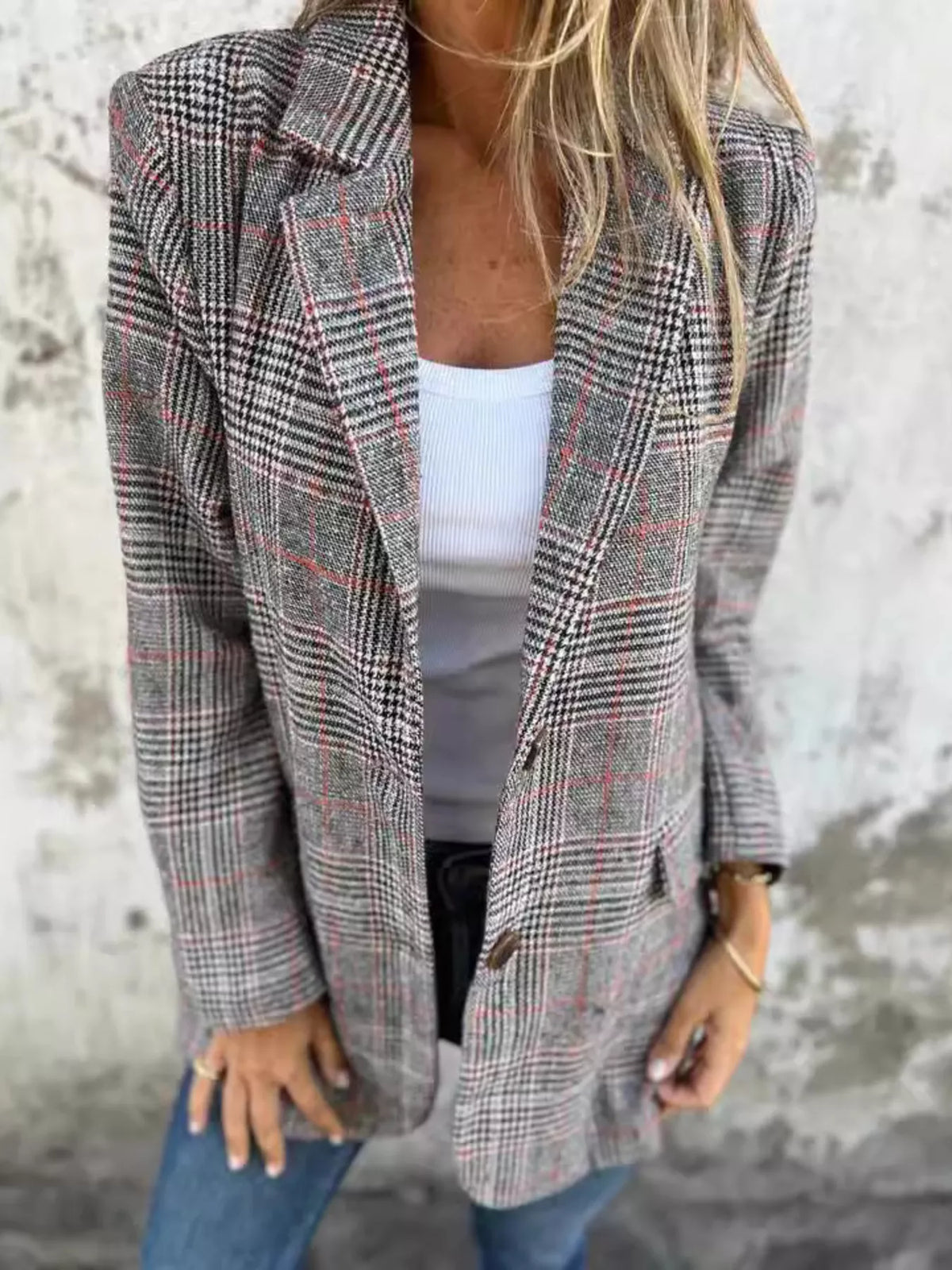 Full Size Plaid Single-breasted Long Sleeve Blazer Plus (4)
