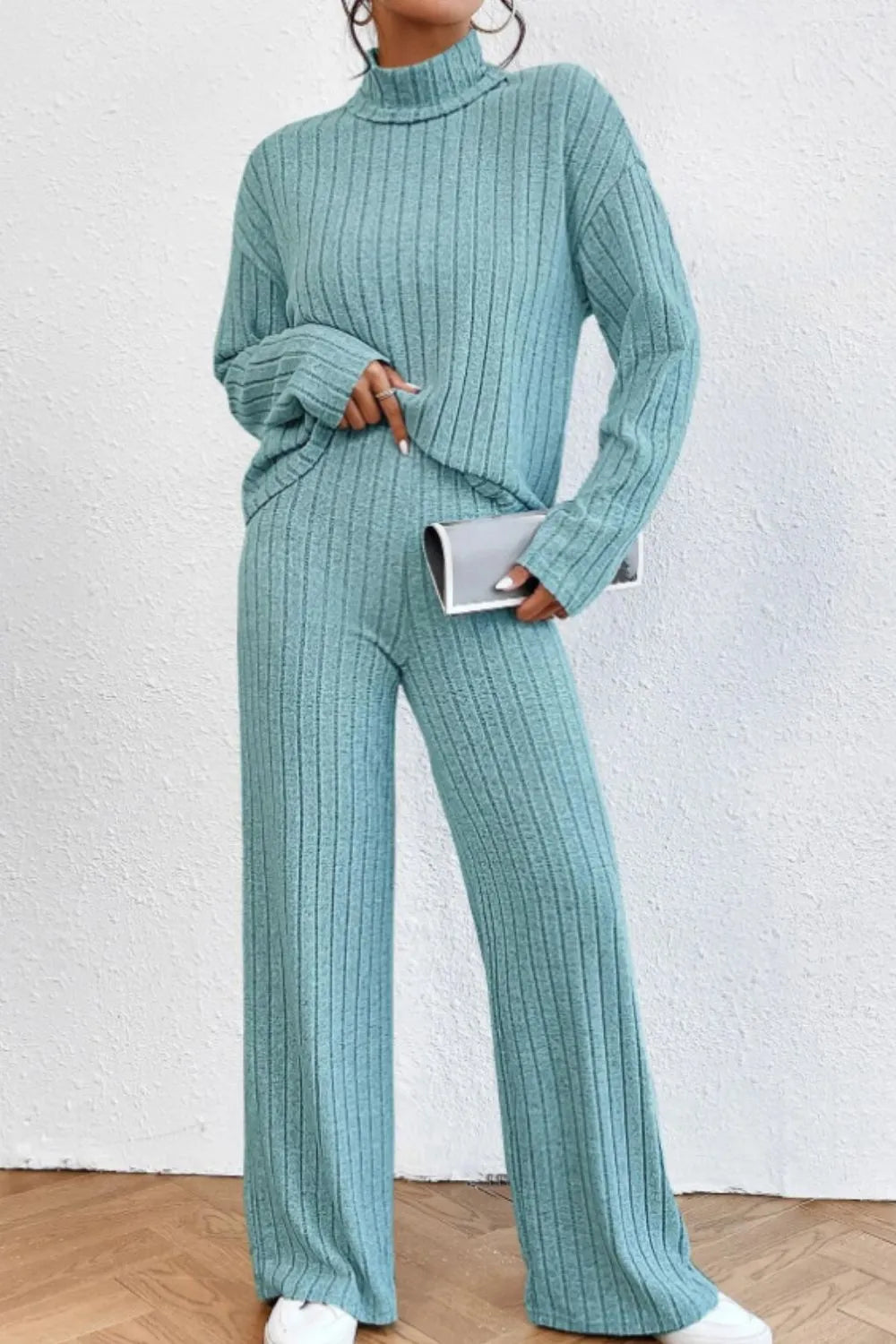 Mock Neck Dropped Shoulder Top Pants Set (12)