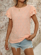 Eyelet Round Neck Double Layered Ruffled Short Sleeve Top (19)