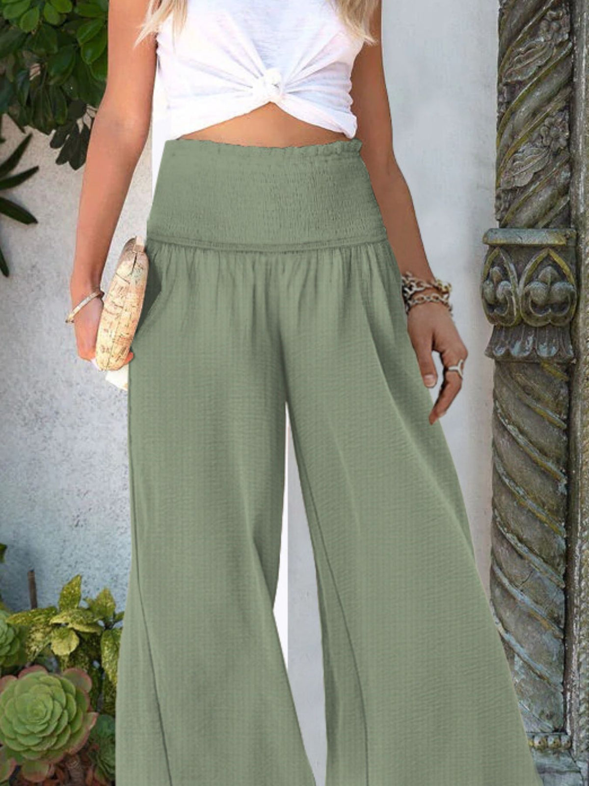 Wide-leg Smocked Waist Pants (8)