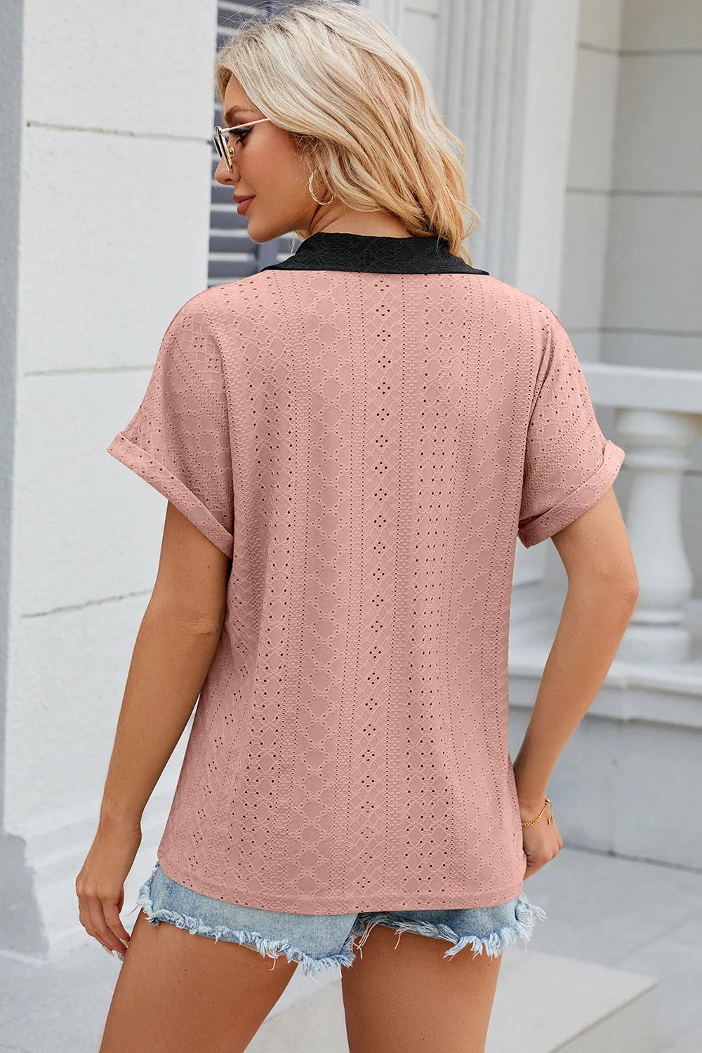 Eyelet Johnny Collar Short Sleeve T-shirt (28)