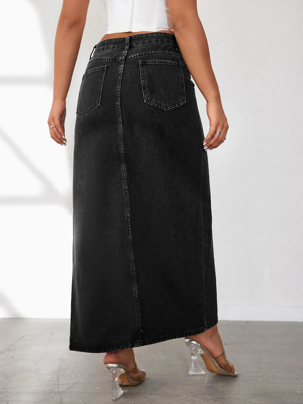 High Rise Slit Denim Skirt (3)