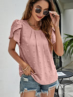 Swiss Dot Round Neck Petal Sleeve Top (20)