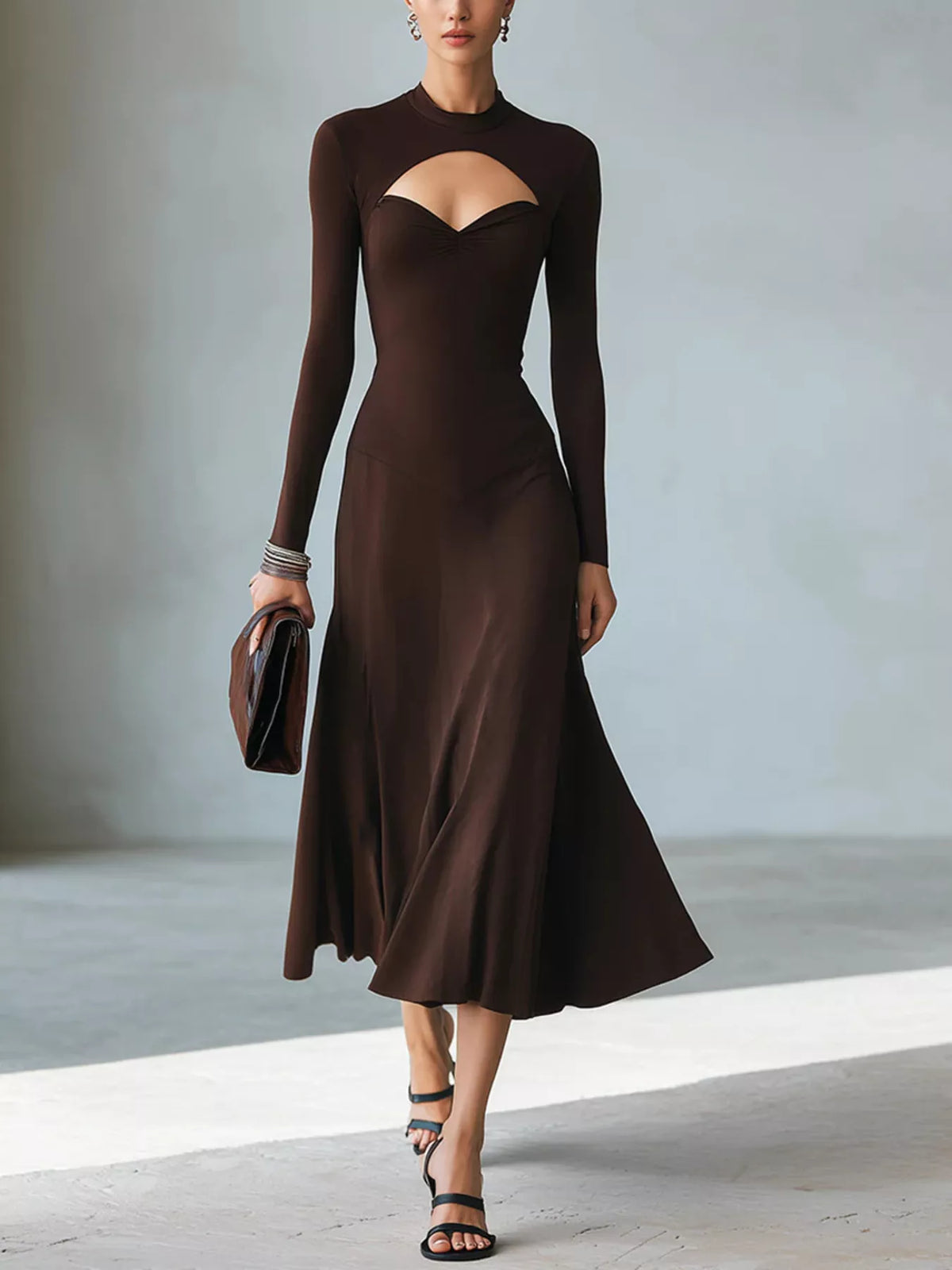 Full Size Mock Neck Cut-out Long Sleeve Midi Dress Plus