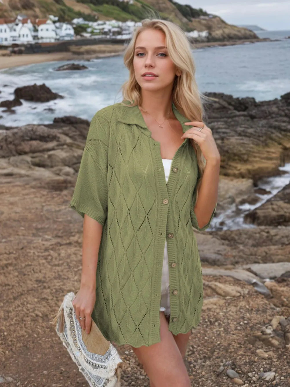 Button Down Eyelet Collared Neck Knit Shirt (12)
