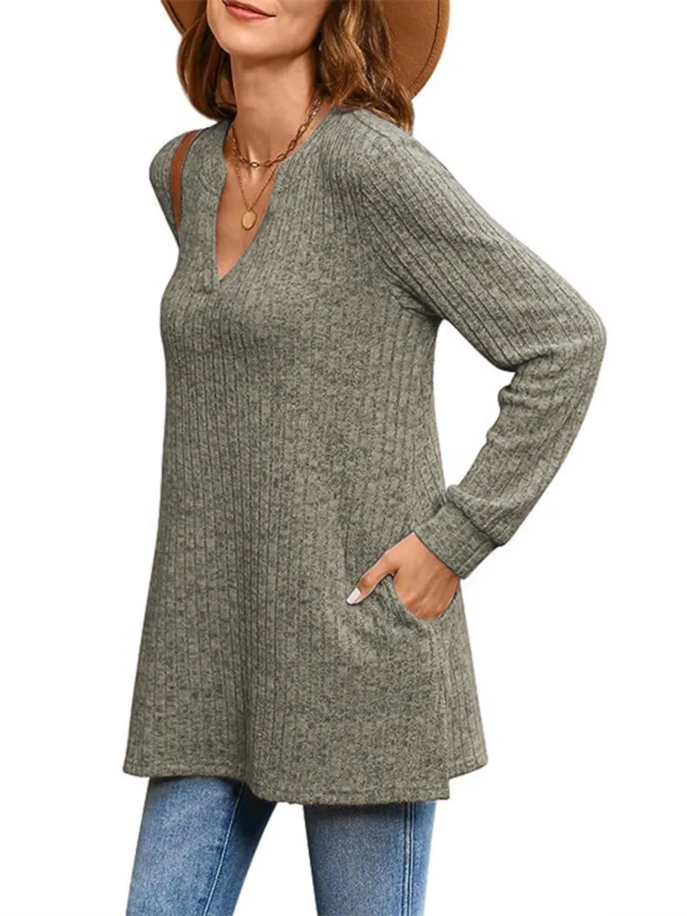 Ribbed Notched Long Sleeve T-shirt (19)
