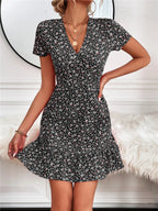 Printed Ruffled Hem V-neck Short Sleeve Mini Dress (9)