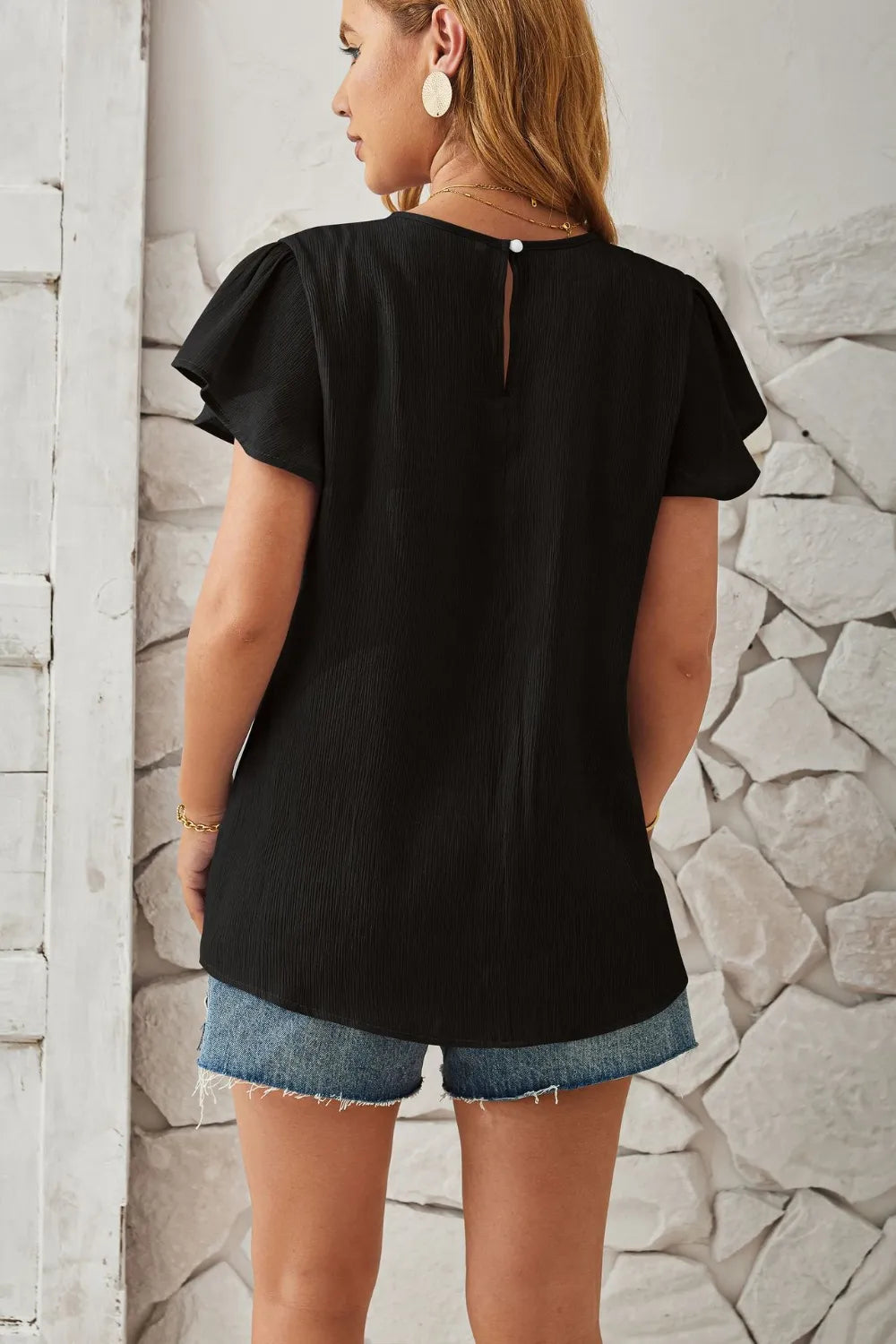 Round Neck Keyhole Cap Sleeve T-shirt (12)