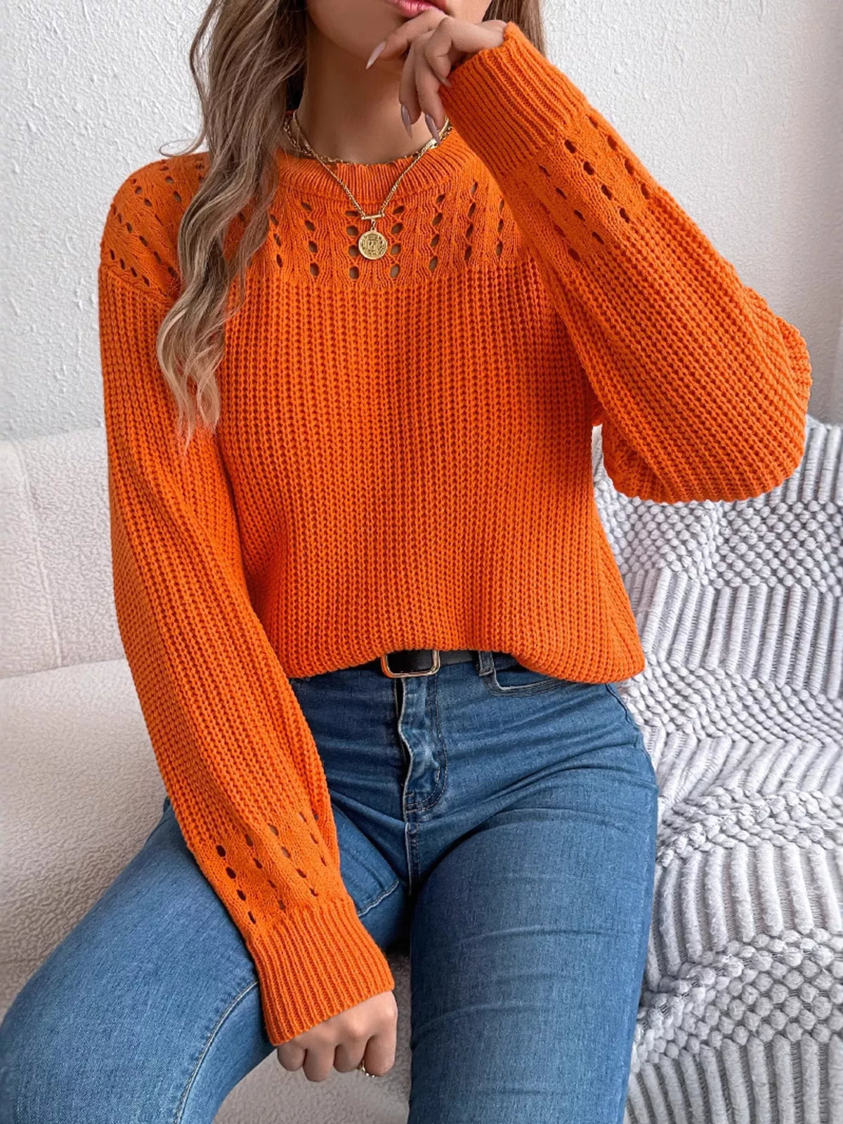 Openwork Round Neck Long Sleeve Sweater (8)