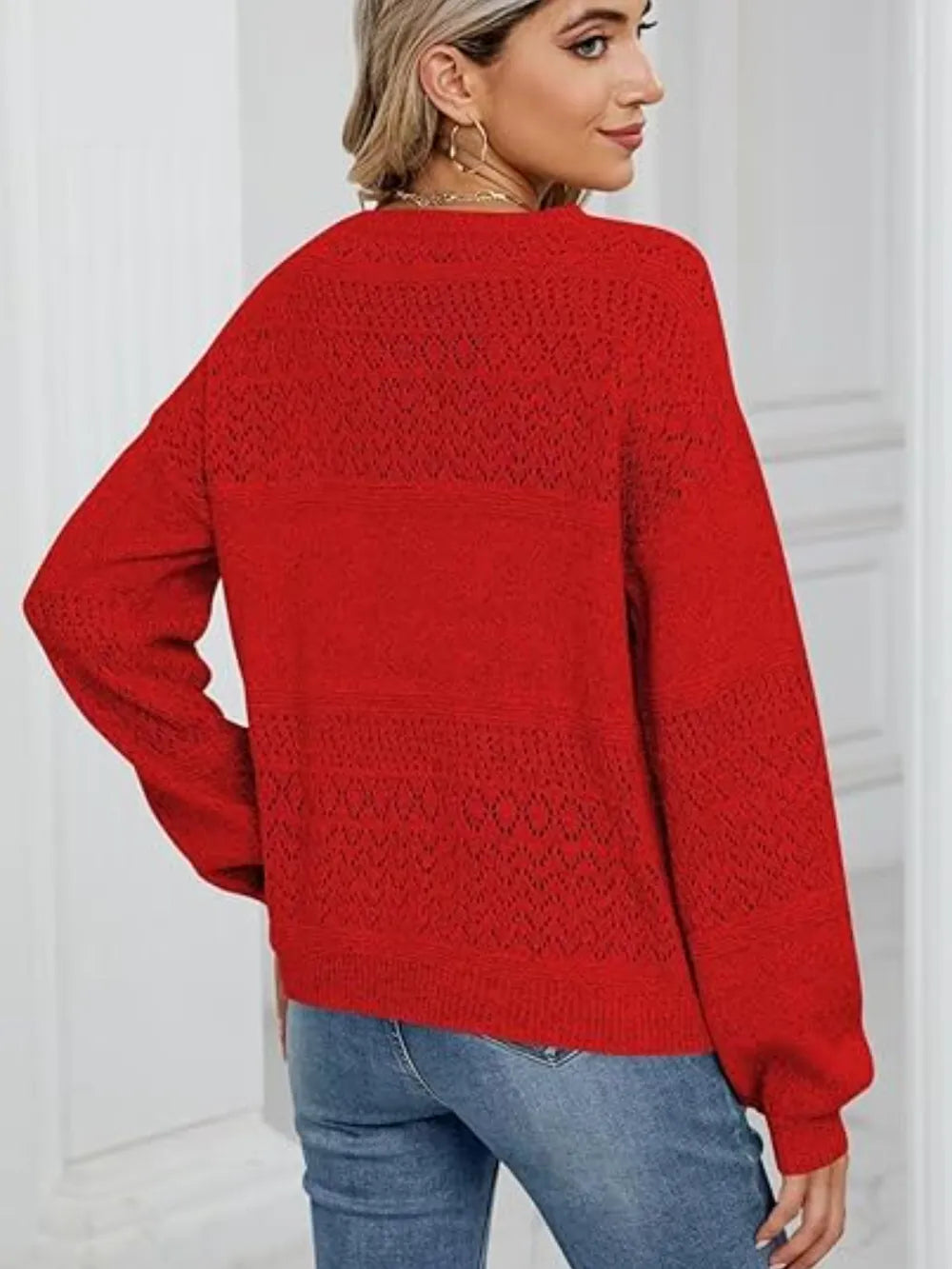 Eyelet V-neck Long Sleeve Sweater (3)