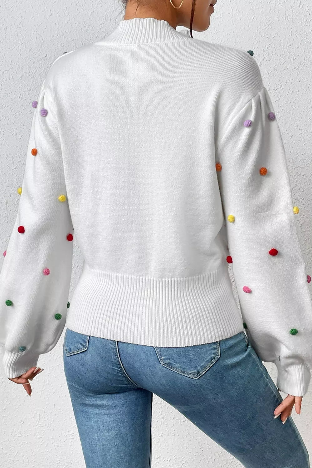 Pom-pom Trim Mock Neck Long Sleeve Pullover Sweater (2)