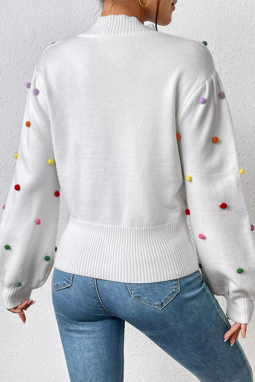 Pom-pom Trim Mock Neck Long Sleeve Pullover Sweater (2)