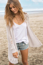 Openwork Side Slit Open Front Long Sleeve Cardigan (6)