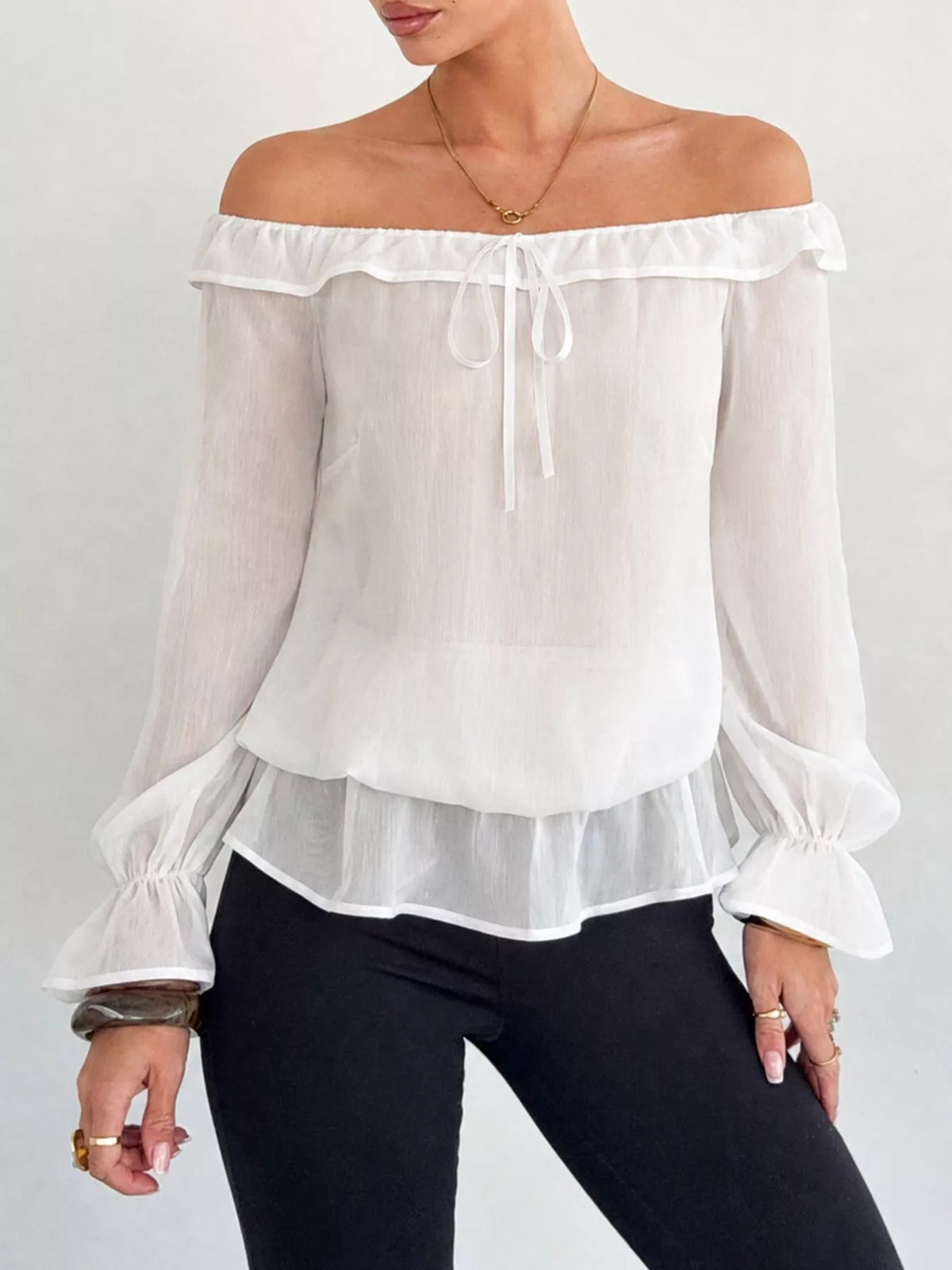 Off-shoulder Flounce Sleeve Chiffon Blouse (8)
