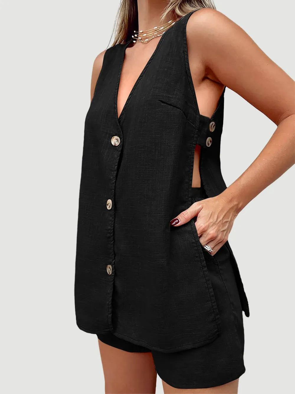 Full Size Button Up Top Shorts Set (5)