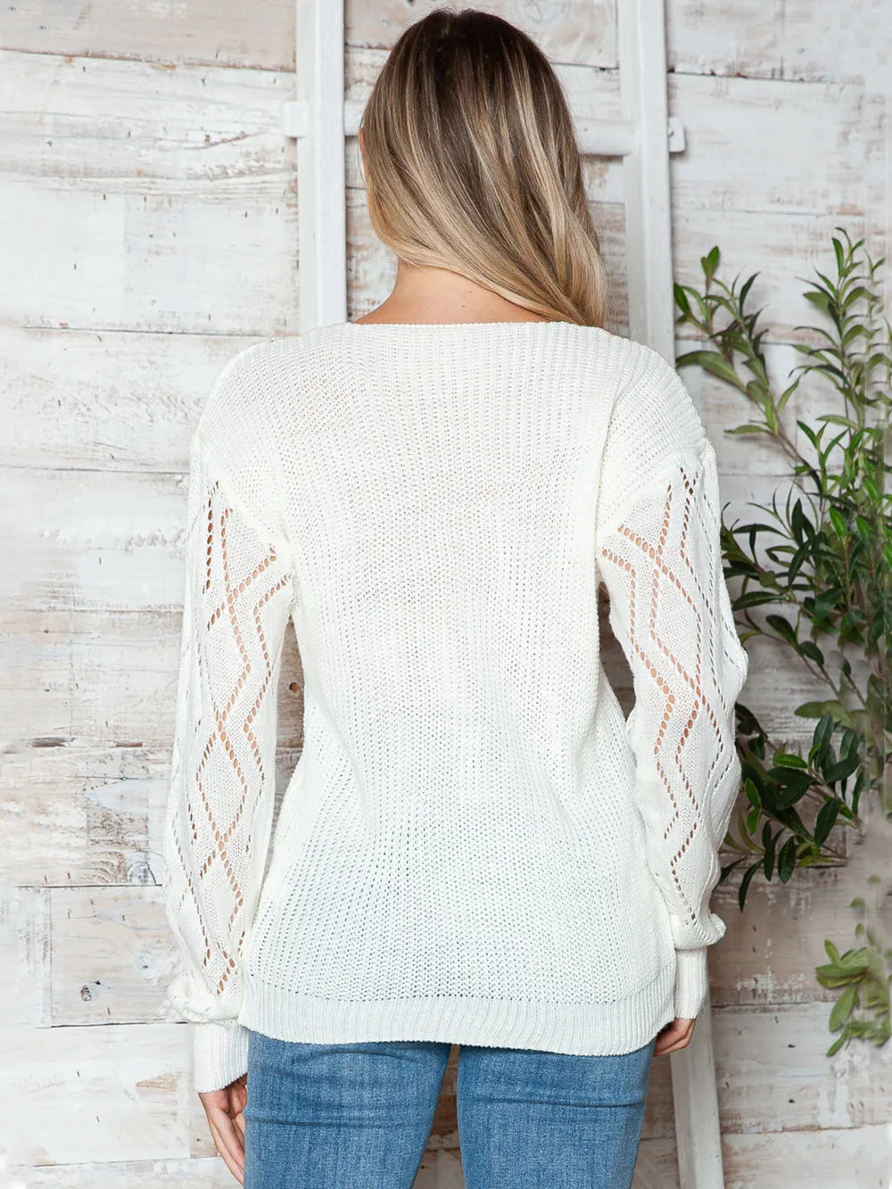 Openwork V-neck Long Sleeve Sweater (2)