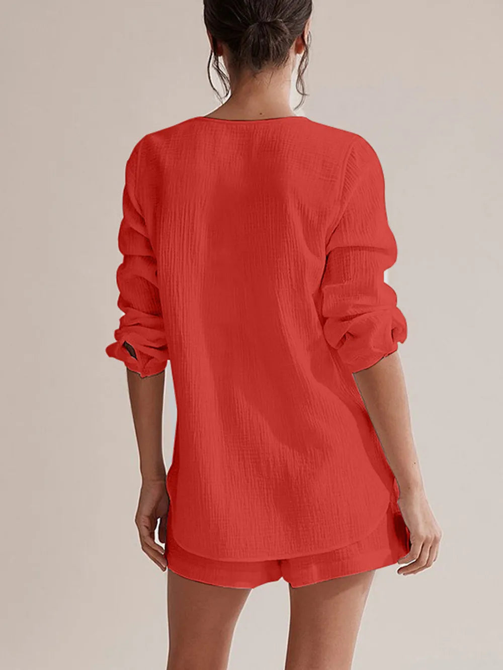 Notched Long Sleeve Top Shorts Set (14)