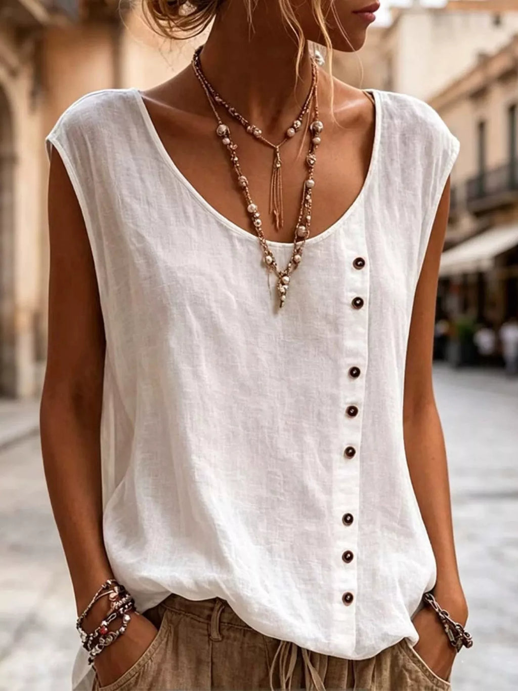 Full Size Round Neck Decor Button Tank Plus