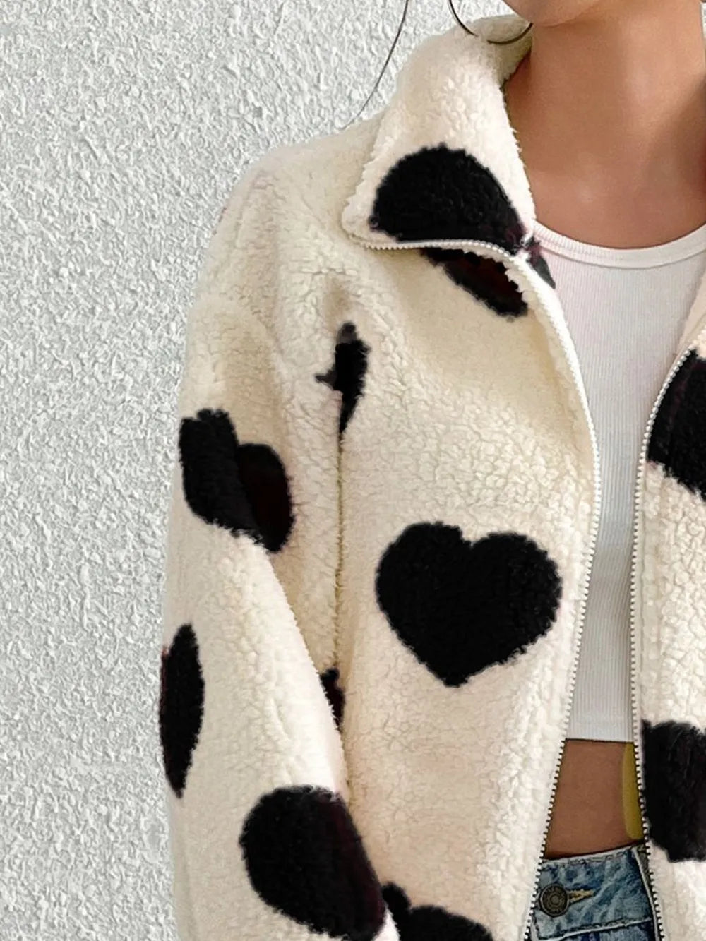 Heart Zip Up Drop Shoulder Furry Jacket (10)
