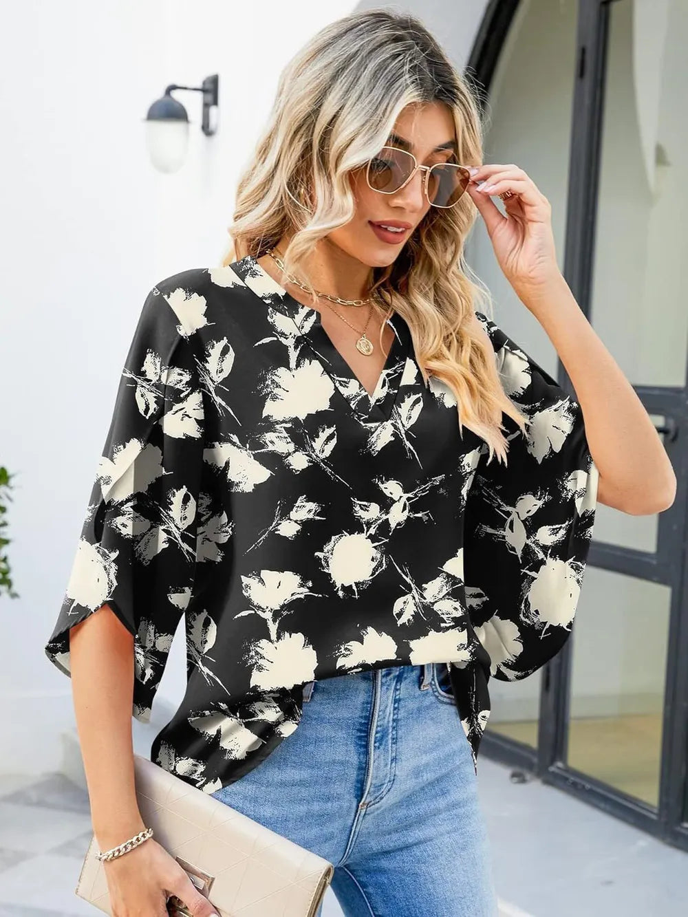 Printed Notched Half Sleeve Blouse (8)