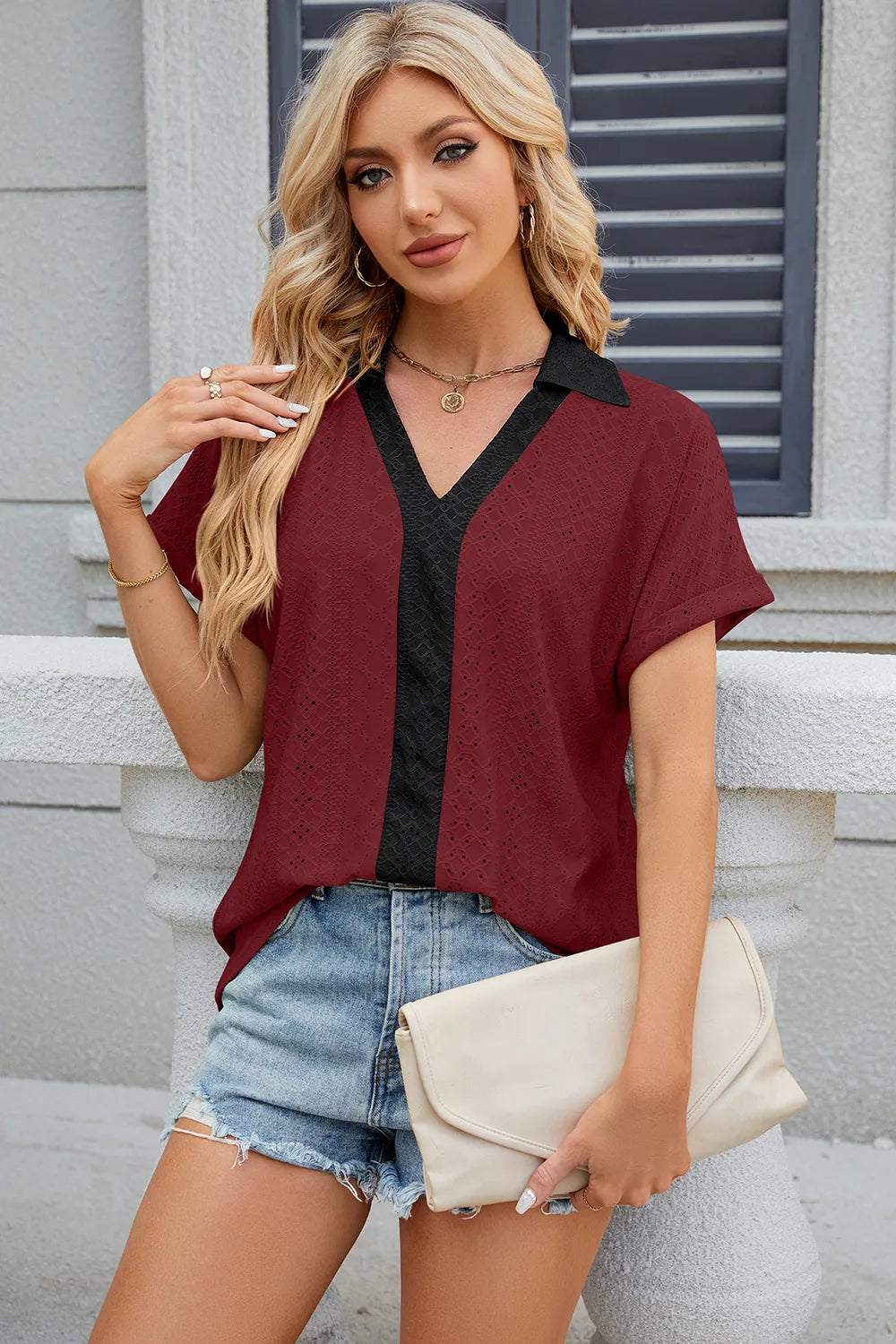Eyelet Johnny Collar Short Sleeve T-shirt (22)