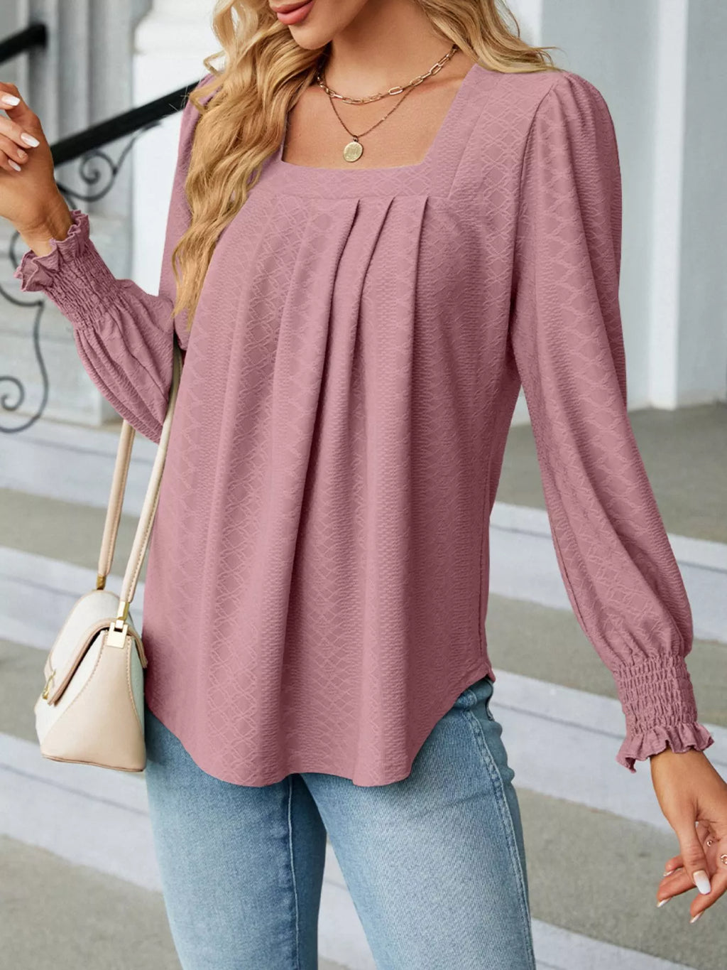 Pleated Square Neck Long Sleeve Top (20)