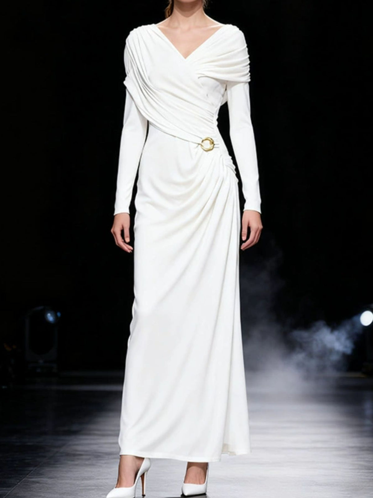 Ruched Draped Long Sleeve Maxi Dress