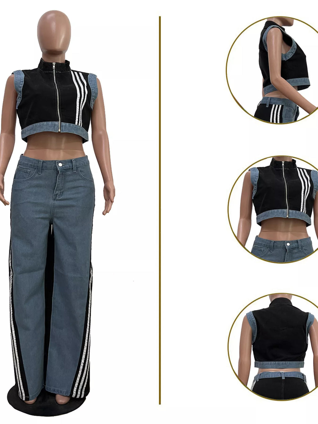 Zip Front Crop Top Striped Pants Set (18)