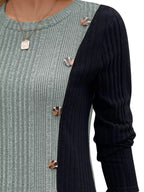 Block Ribbed Knit Decor Button T-shirt (2)
