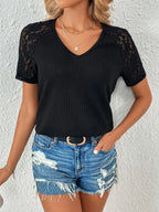 Lace Detail V-neck Short Sleeve T-shirt (15)