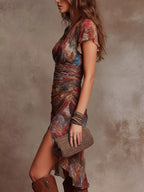 Floral Print V-neck Midi Dress High Slit (3)