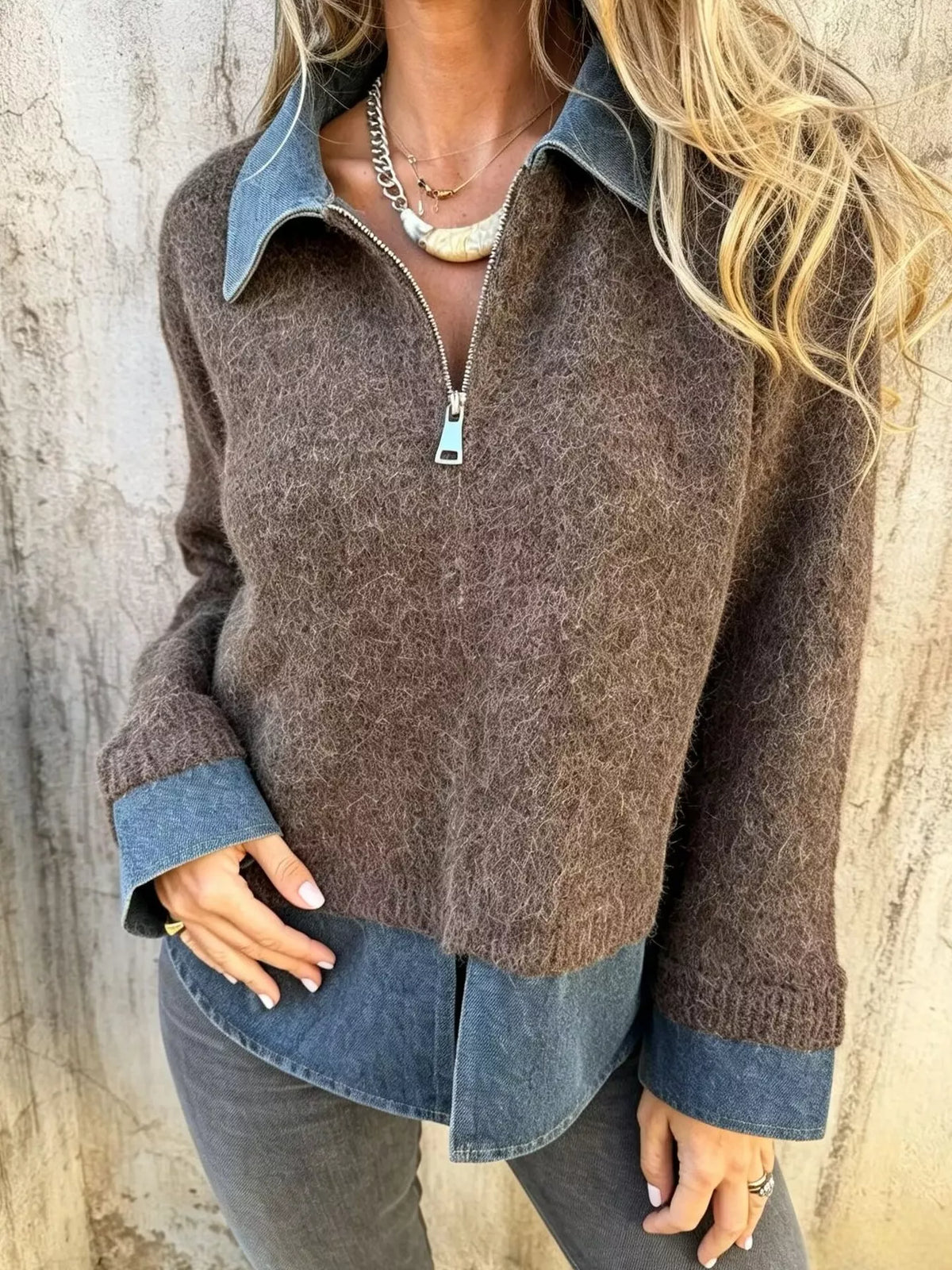Contrast Denim Collar Half-zip Knit Sweater