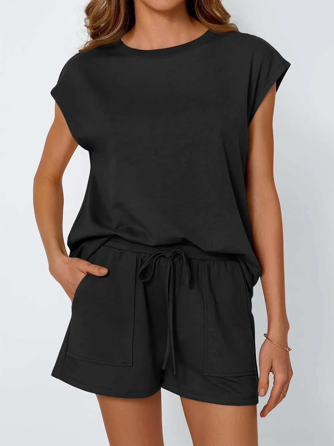 Round Neck Cap Sleeve Top Shorts Set (10)