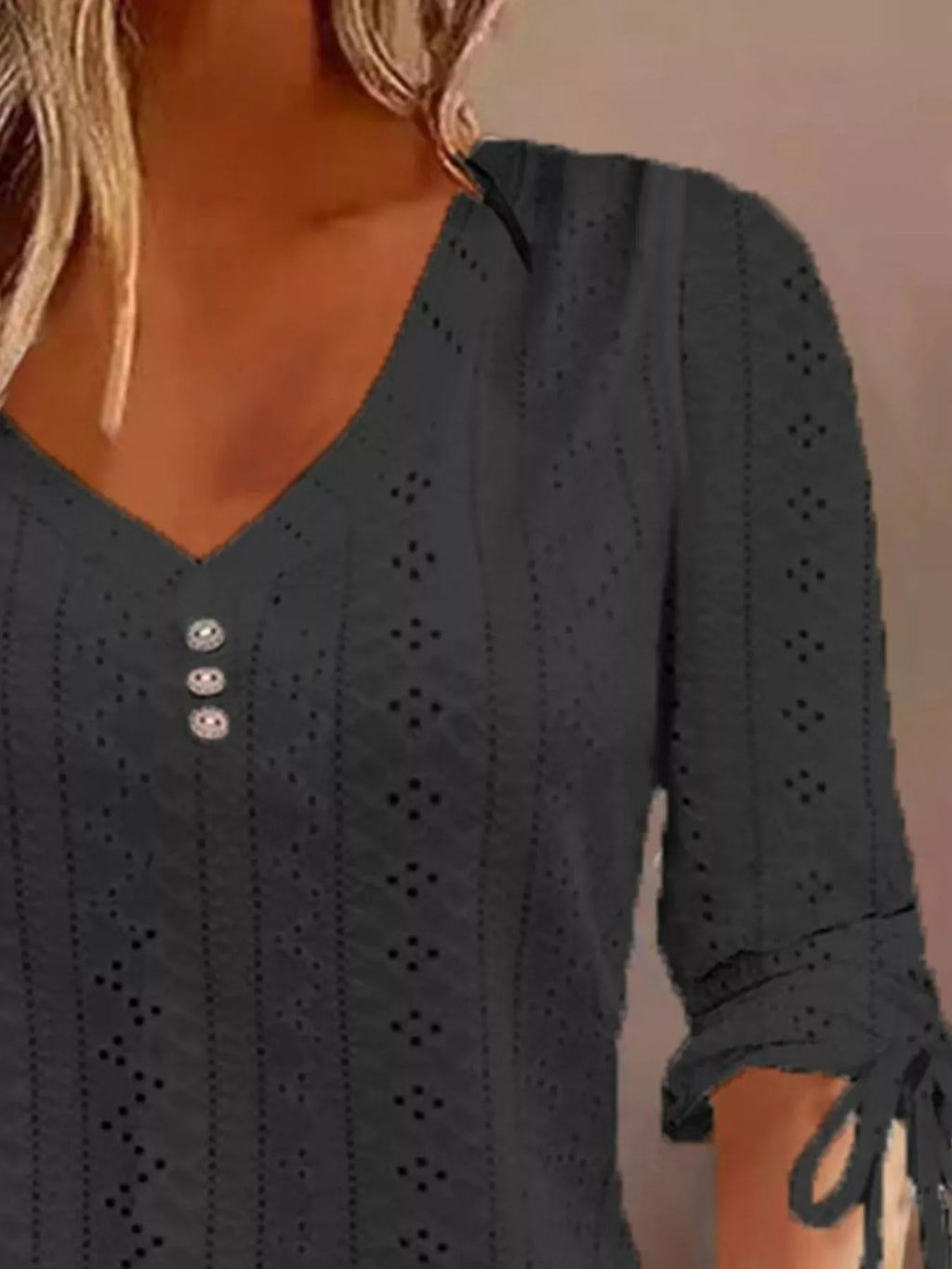 Full Size V-neck Eyelet Drawstring Sleeve Top Plus (6)