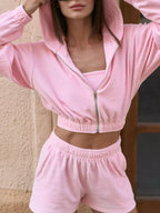 Zip Up Cropped Hoodie Shorts Set (11)