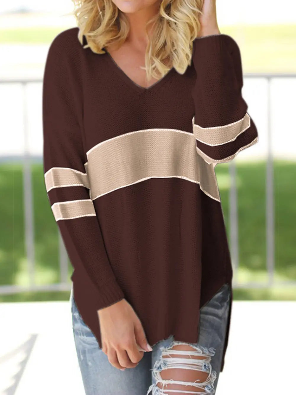 Striped V-neck Long Sleeve Sweater (8)