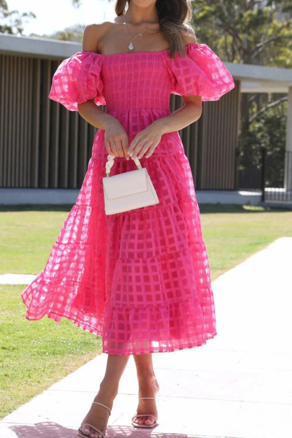 Off Shoulder Short Puff Sleeve Midi Dress (23)