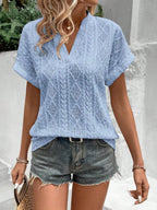 Openwork Notched Short Sleeve Blouse (4)