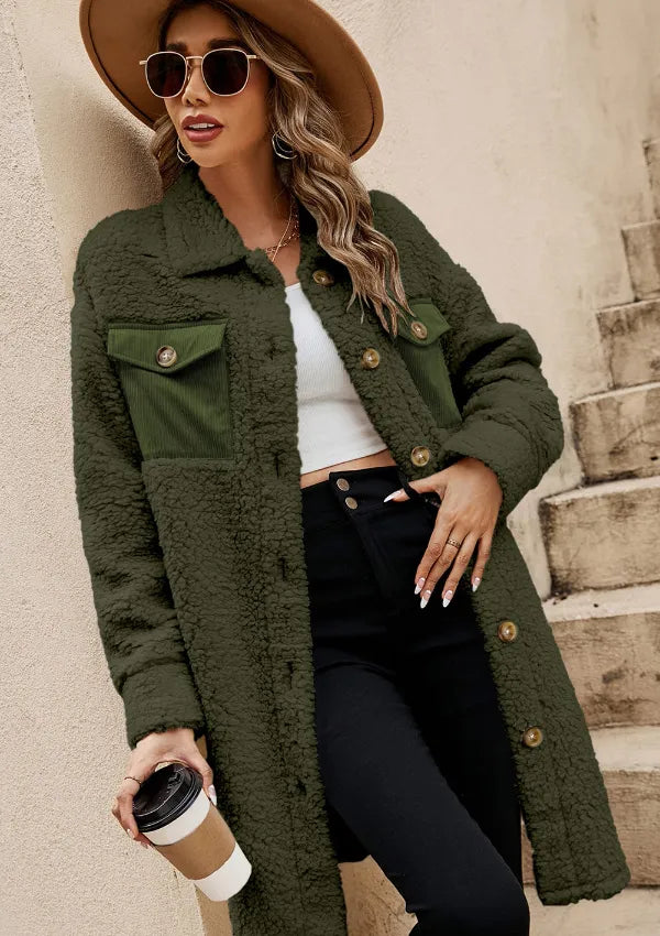 Collared Neck Long Sleeve Longline Teddy Jacket (24)