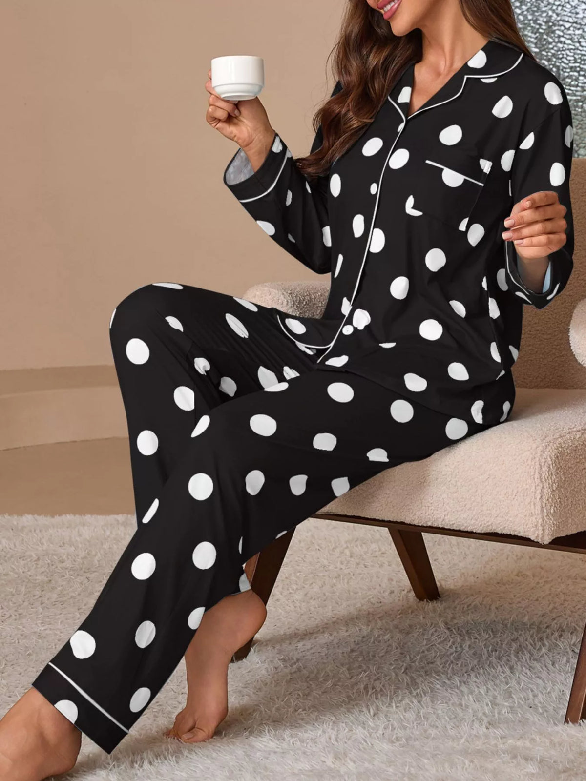 Polka Dot Button-down Top Pants Lounge Set (11)
