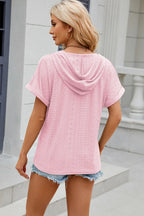 Eyelet Drawstring Hooded Short Sleeve Blouse (20)