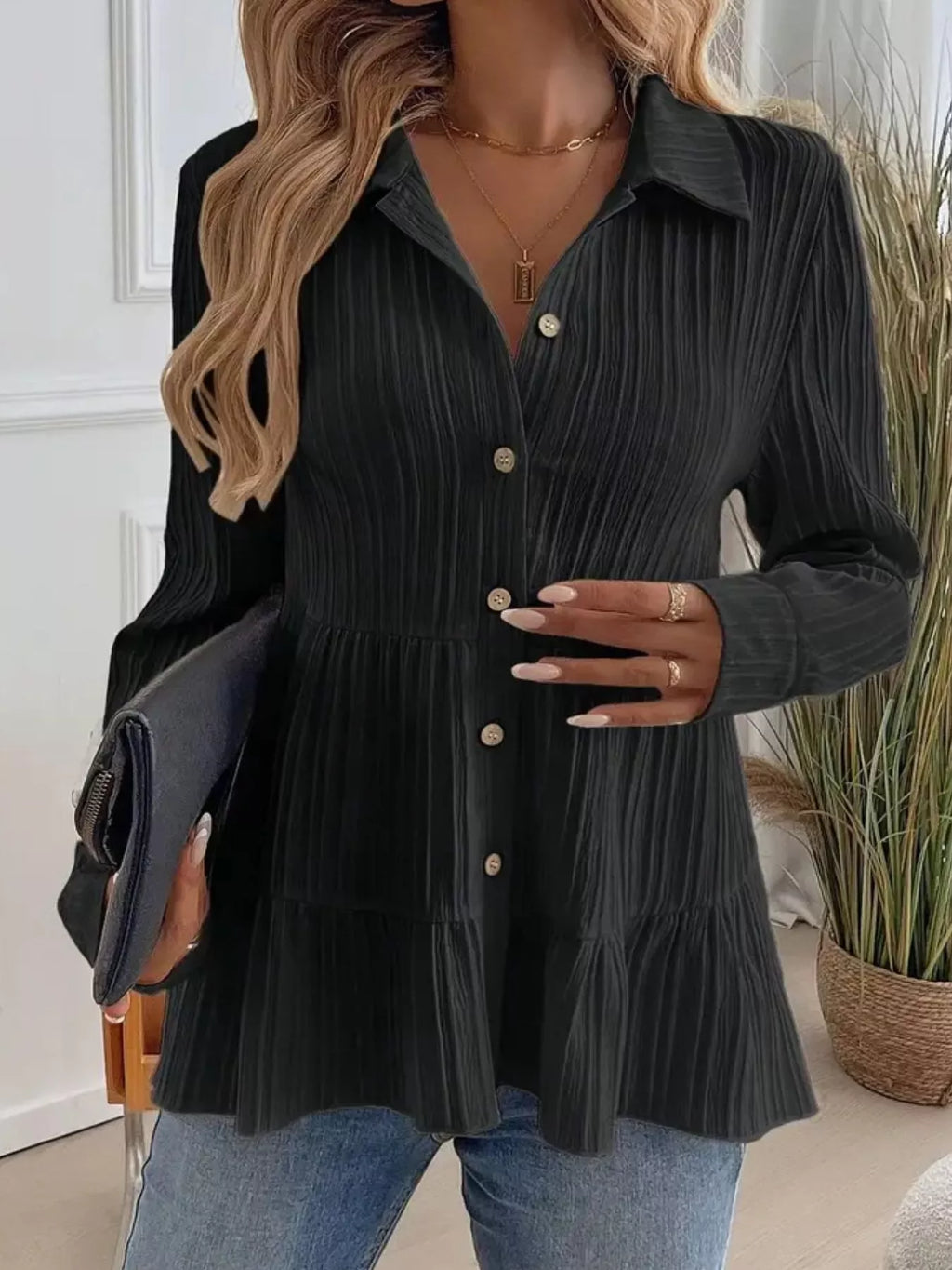 Button-down Long Sleeve Tiered Shirt (22)