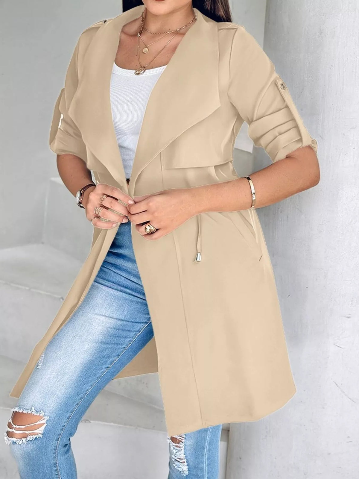 Drape Collar Lightweight Trench Coat (2)