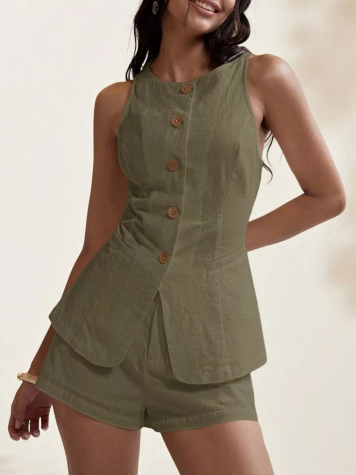 Button-down Sleeveless Top Shorts Set (10)